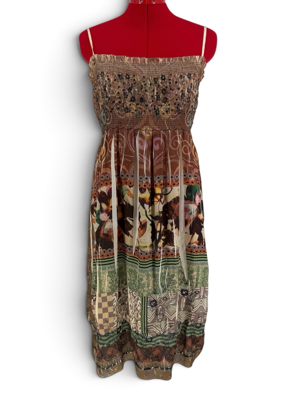 Y2K Anthropologie Lapis Boho Smocked Midi Dress w Sequin Fairy Forest Boho OS